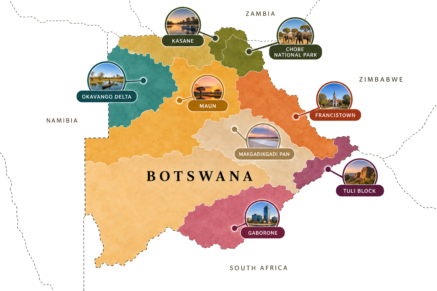 Map of Botswana's key regions — the Okavango Delta, Chobe National Park, Kasane, Maun, the Makgadikgadi Pan, Francistown, the Tuli Block and Gaborone.