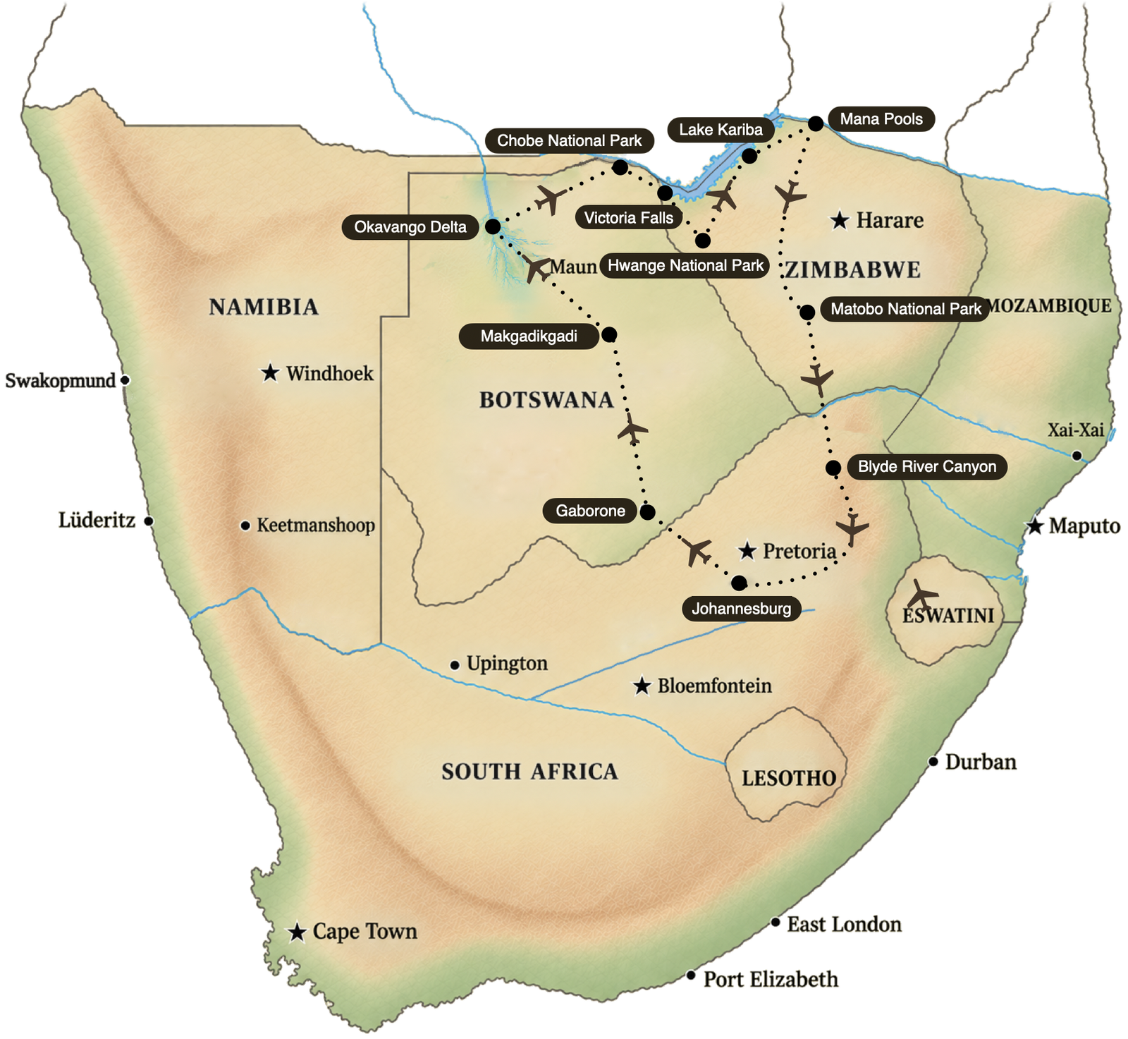 Flight route map of the Delta-Zambezi journey from Johannesburg via Gaborone, Makgadikgadi and the Okavango Delta to Chobe, Victoria Falls, Hwange, Lake Kariba, Mana Pools, Matobo and the Blyde River Canyon, then back to Johannesburg.