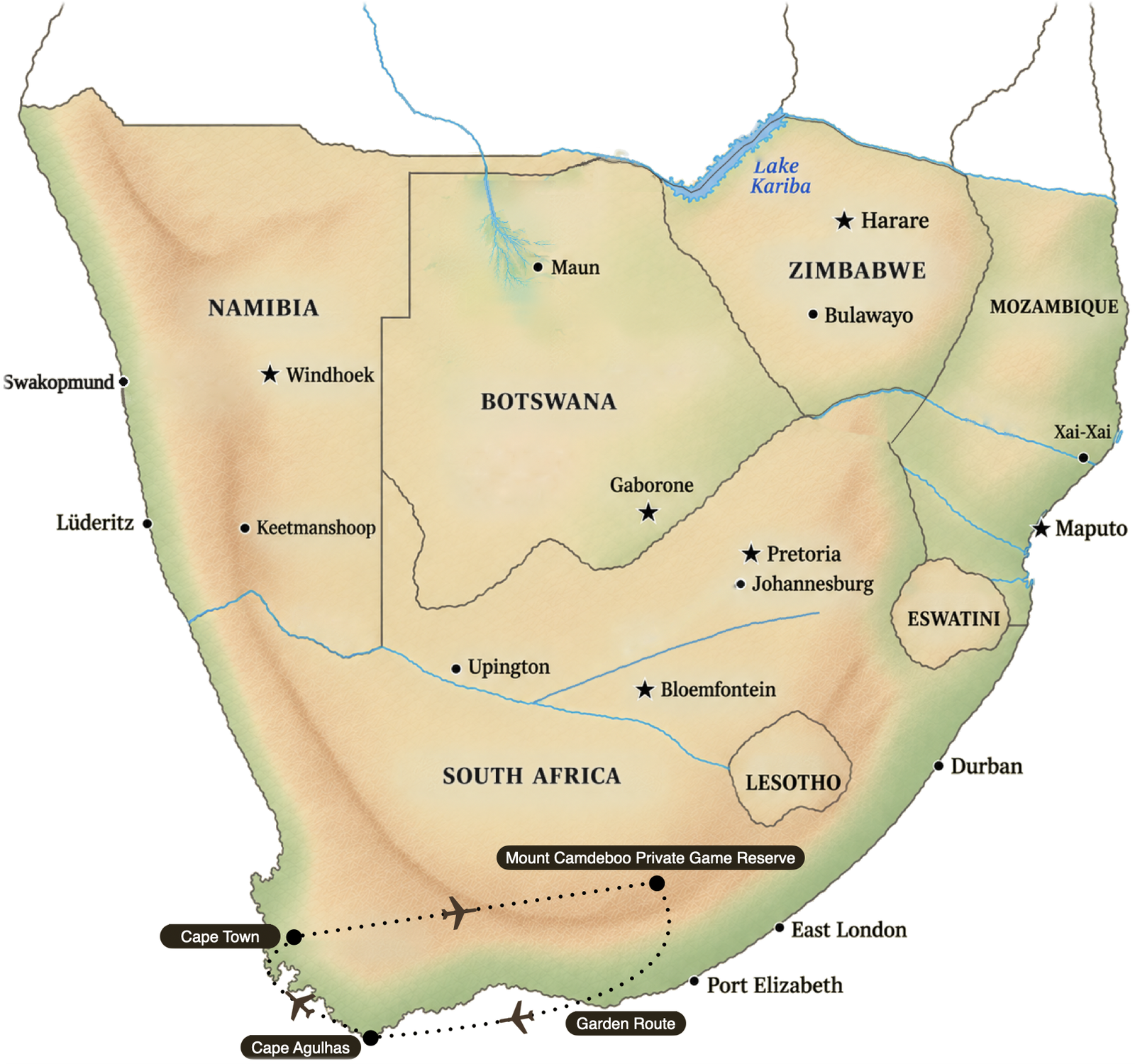 Flight route map of the Escape Cape Town journey, flying from Cape Town to Mount Camdeboo Private Game Reserve in the Karoo, then returning along the Garden Route and Cape Agulhas.