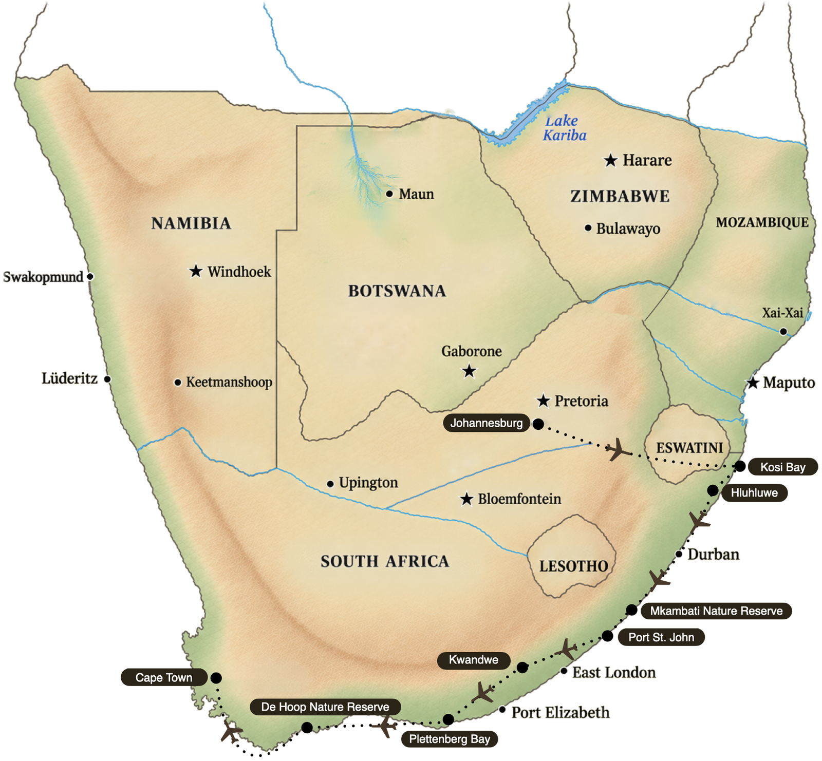 Flight route map of the Garden Route and Wild Coast journey from Johannesburg to Kosi Bay, down the Wild Coast and the Garden Route to Cape Town.