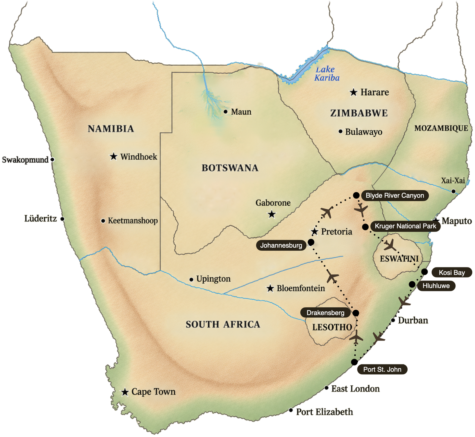 Flight route map of the Kruger by the Air journey from Johannesburg to Blyde River Canyon, Kruger National Park, Kosi Bay, Hluhluwe, Port St. John and the Drakensberg, then back to Johannesburg.