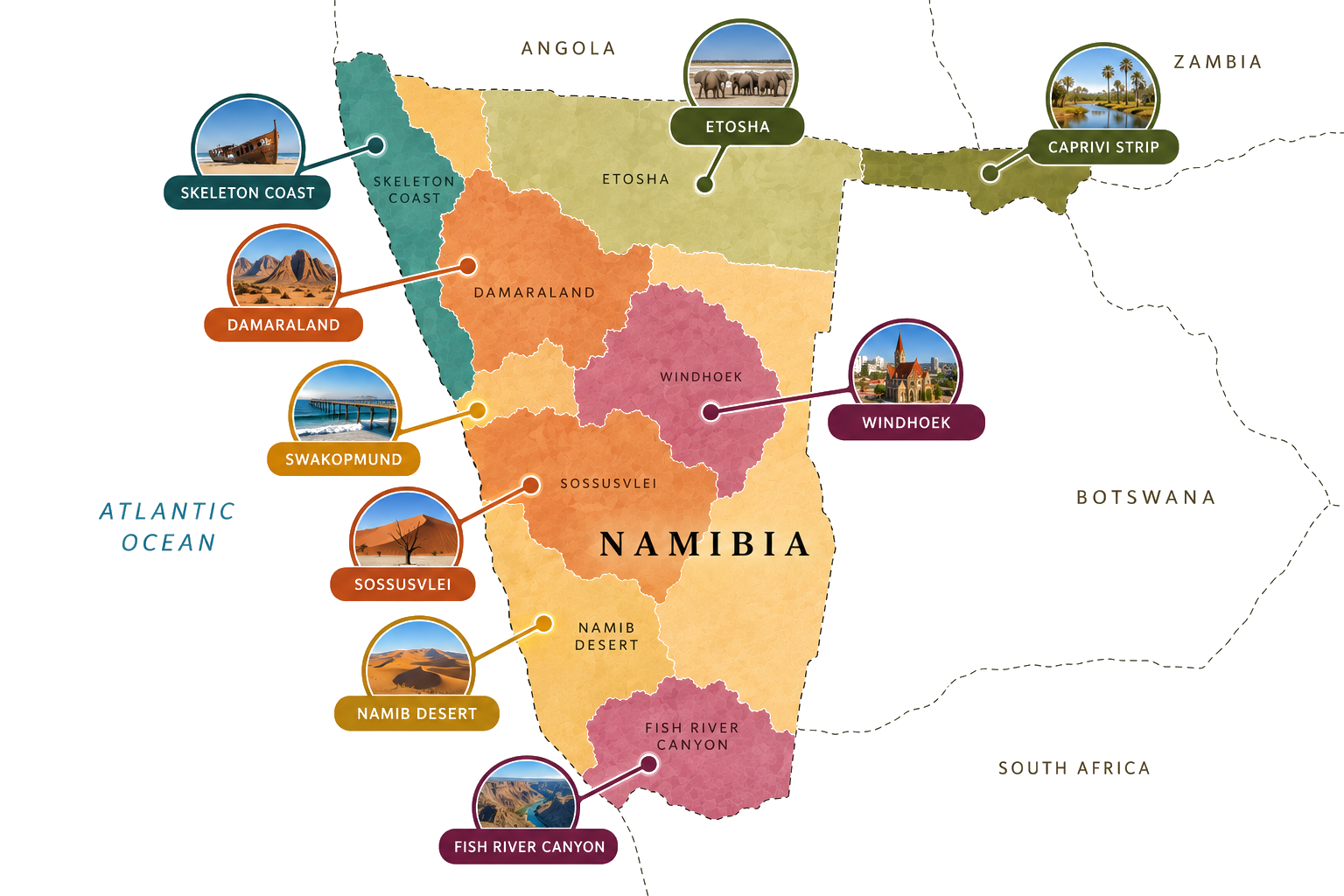 Map of Namibia's key regions — the Namib Desert, Sossusvlei, Etosha, Damaraland, the Skeleton Coast, Swakopmund, Windhoek, Fish River Canyon and the Zambezi Region.