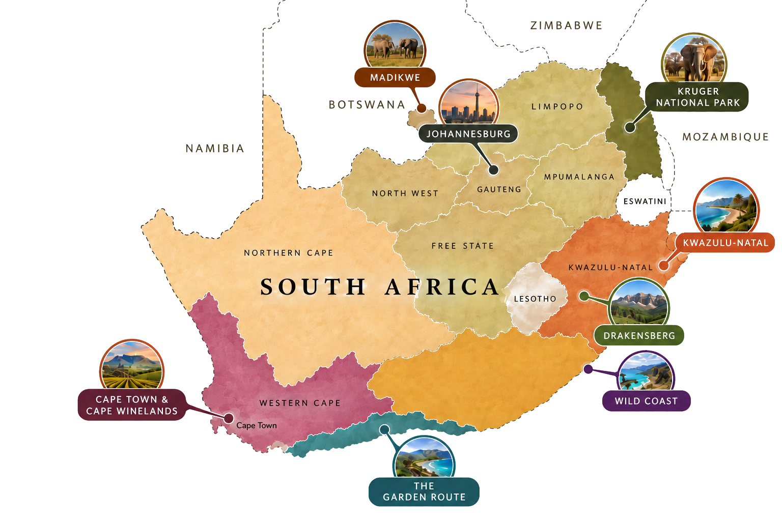 Map of South Africa's key regions — Kruger National Park, Johannesburg, KwaZulu-Natal, Cape Town and the Cape Winelands, the Eastern Cape and the Garden Route.