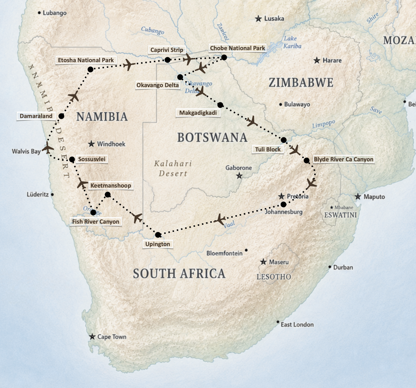 Flight route map of the Wonder of Southern Africa safari, tracing a loop through South Africa, Namibia and Botswana via Fish River Canyon, Sossusvlei, Etosha, the Caprivi Strip, Chobe, the Okavango Delta, Makgadikgadi, Tuli Block and the Blyde River Canyon.