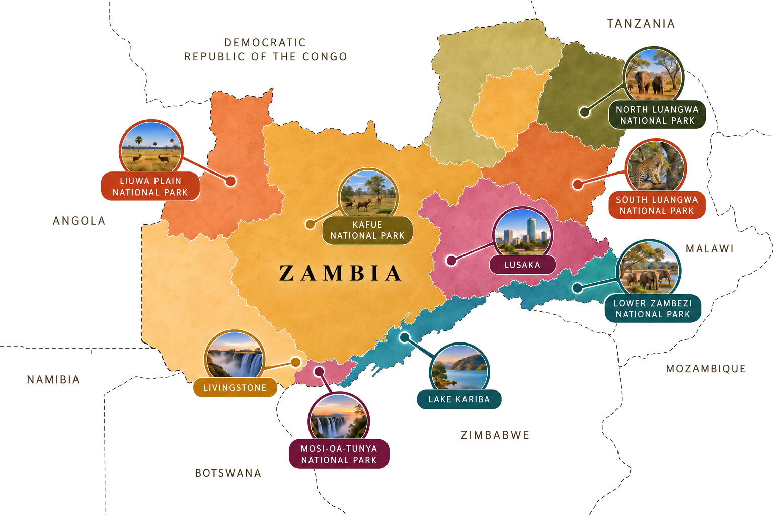 Map of Zambia's key regions — Liuwa Plain National Park, Kafue National Park, North Luangwa National Park, South Luangwa National Park, Lusaka, Lower Zambezi National Park, Lake Kariba, Livingstone and Mosi-oa-Tunya National Park.