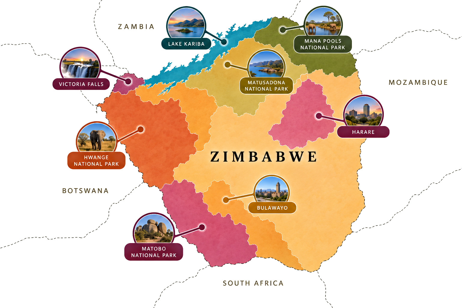 Map of Zimbabwe's key regions — Victoria Falls, Hwange National Park, Matobo National Park, Bulawayo, Harare, Matusadona National Park, Mana Pools National Park and Lake Kariba.