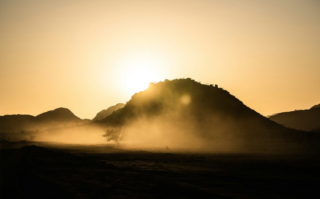 damaraland-2 Karoo sunrise through misty hills and acacia tree
